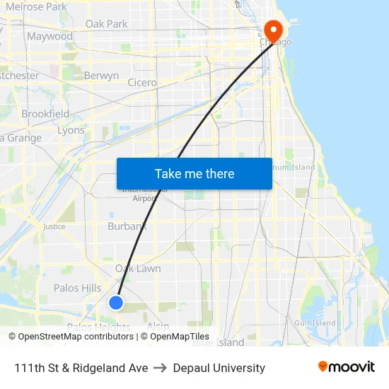 111th St & Ridgeland Ave to Depaul University map