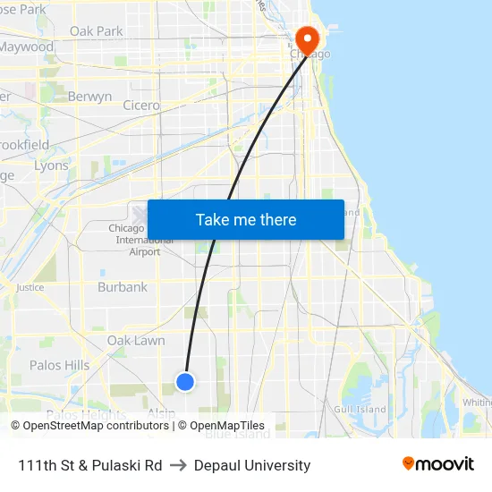 111th St & Pulaski Rd to Depaul University map