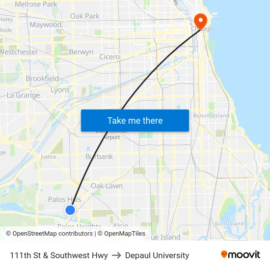111th St & Southwest Hwy to Depaul University map