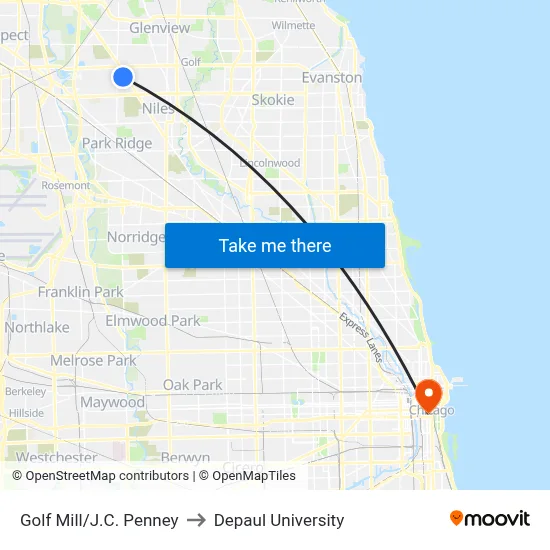 Golf Mill/J.C. Penney to Depaul University map