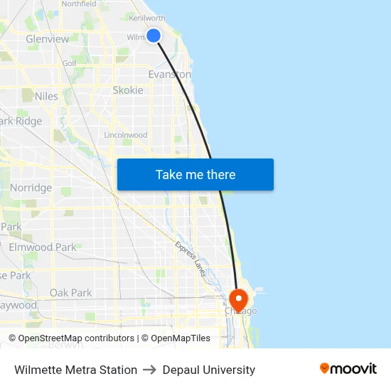 Wilmette Metra Station to Depaul University map