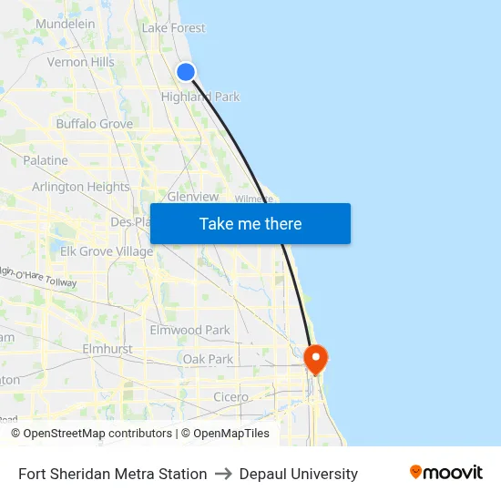 Fort Sheridan Metra Station to Depaul University map