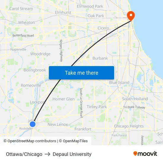 Ottawa/Chicago to Depaul University map