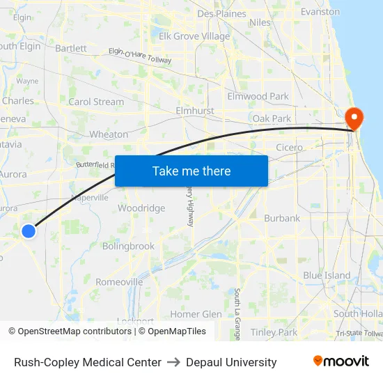 Rush-Copley Medical Center to Depaul University map