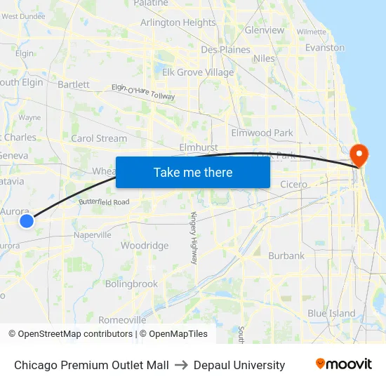 Chicago Premium Outlet Mall to Depaul University map