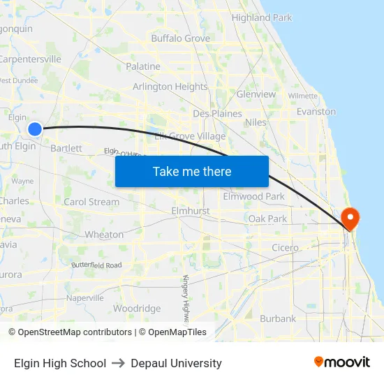 Elgin High School to Depaul University map