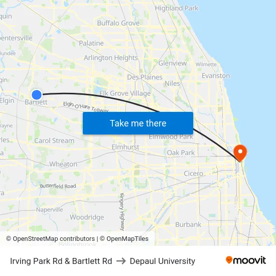 Irving Park Rd & Bartlett Rd to Depaul University map