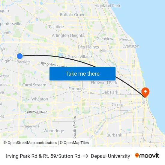Irving Park Rd & Rt. 59/Sutton Rd to Depaul University map