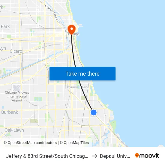 Jeffery & 83rd Street/South Chicago (South) to Depaul University map
