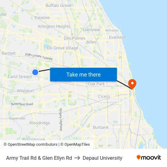 Army Trail Rd & Glen Ellyn Rd to Depaul University map