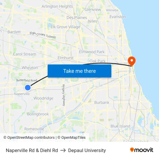 Naperville Rd & Diehl Rd to Depaul University map