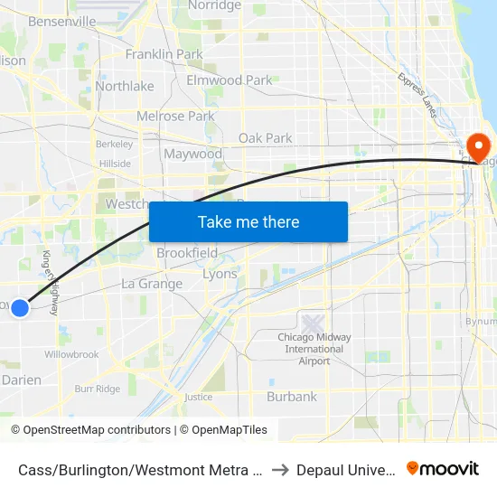 Cass/Burlington/Westmont Metra Station to Depaul University map