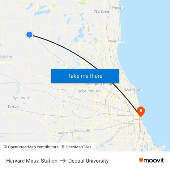 Harvard Metra Station to Depaul University map