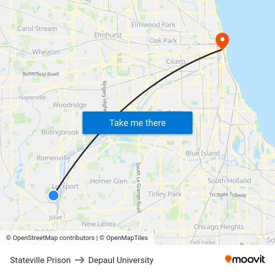 Stateville Prison to Depaul University map