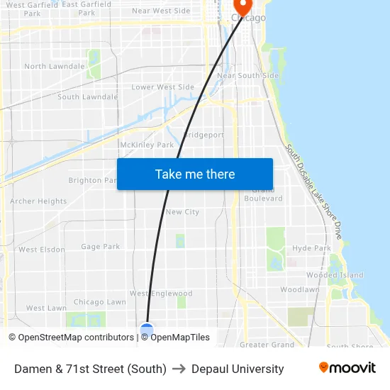 Damen & 71st Street (South) to Depaul University map