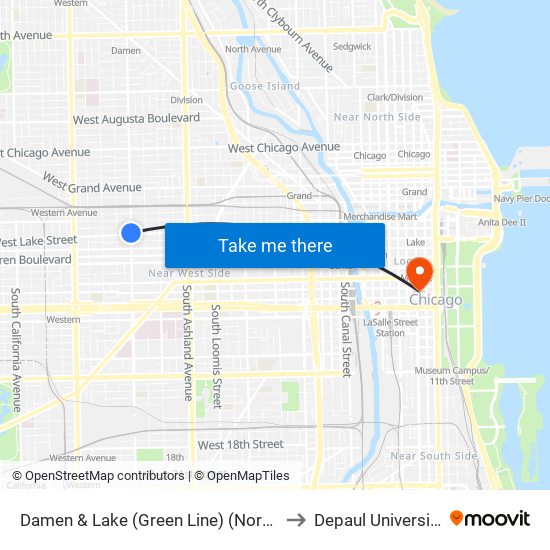 Damen & Lake (Green Line) (North) to Depaul University map