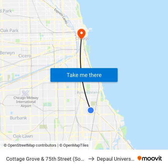 Cottage Grove & 75th Street (South) to Depaul University map