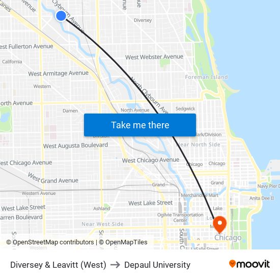 Diversey & Leavitt (West) to Depaul University map