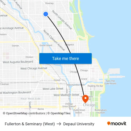 Fullerton & Seminary (West) to Depaul University map