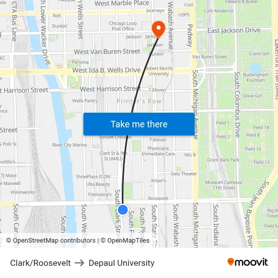 Clark/Roosevelt to Depaul University map