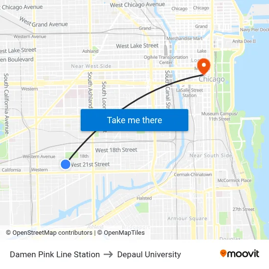 Damen Pink Line Station to Depaul University map