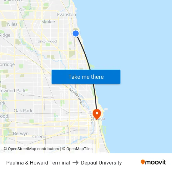 Paulina & Howard Terminal to Depaul University map