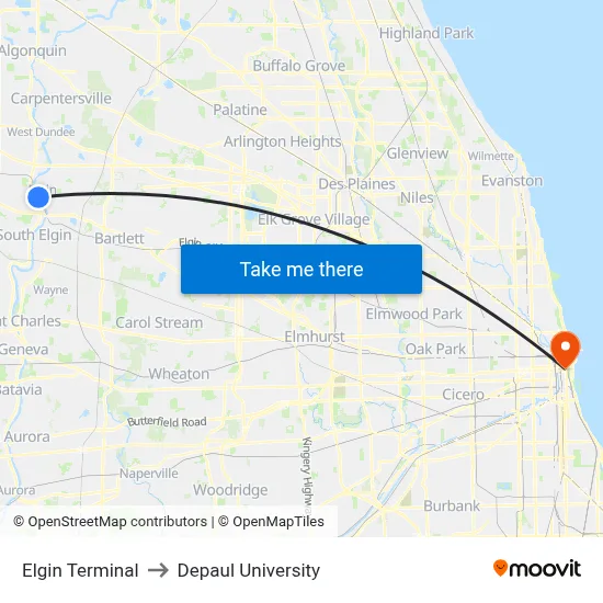 Elgin Terminal to Depaul University map