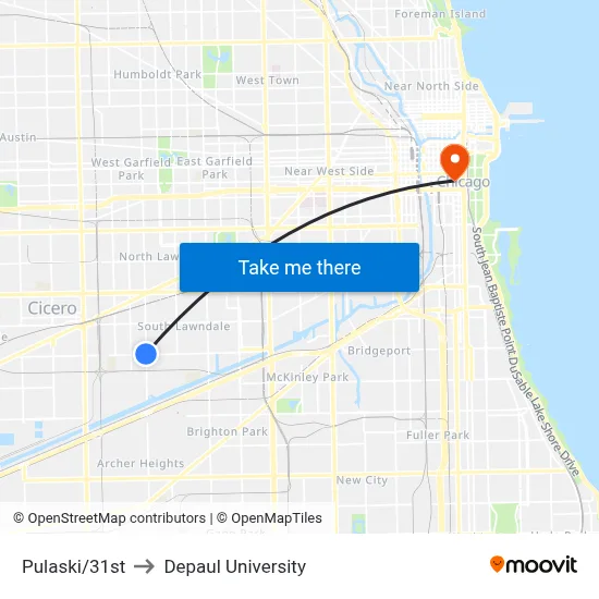 Pulaski/31st to Depaul University map