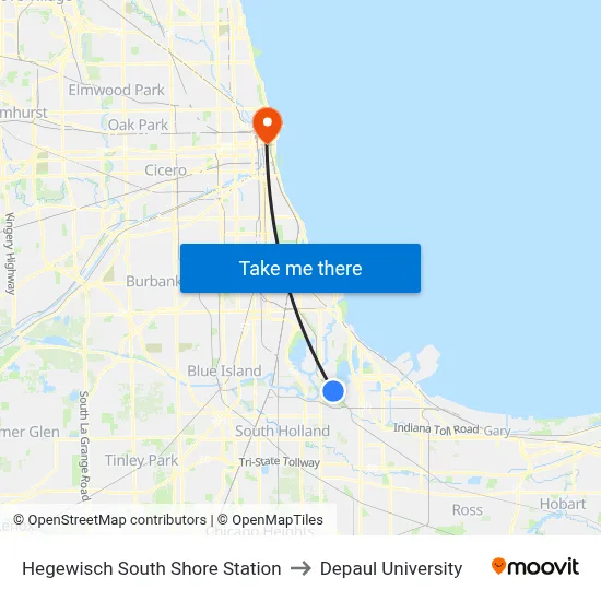 Hegewisch South Shore Station to Depaul University map