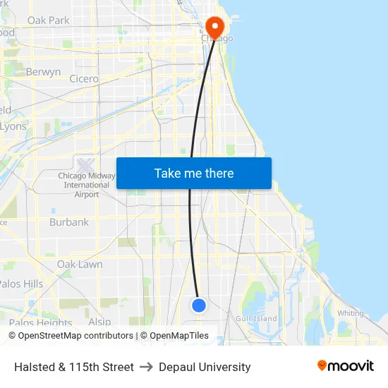 Halsted & 115th Street to Depaul University map