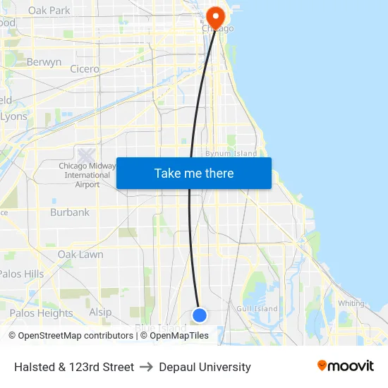 Halsted & 123rd Street to Depaul University map