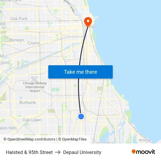 Halsted & 95th Street to Depaul University map
