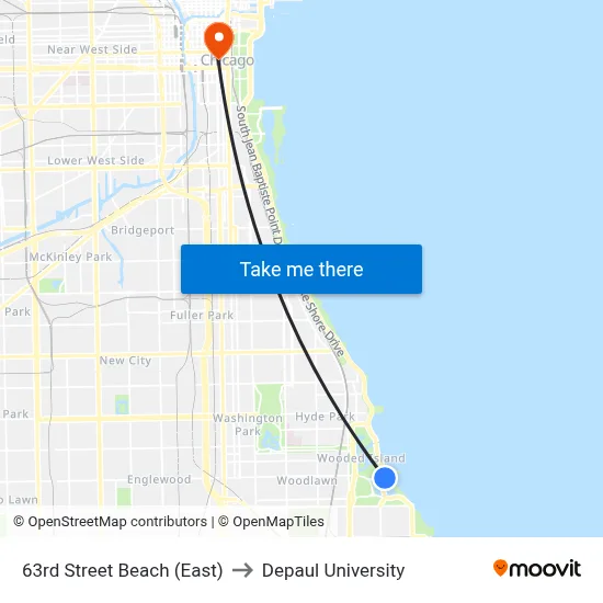 63rd Street Beach (East) to Depaul University map
