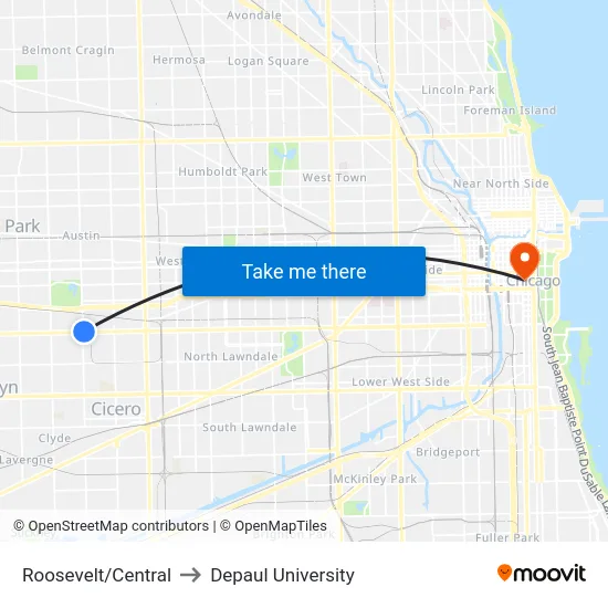 Roosevelt/Central to Depaul University map