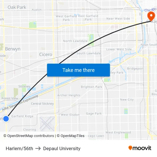 Harlem/56th to Depaul University map