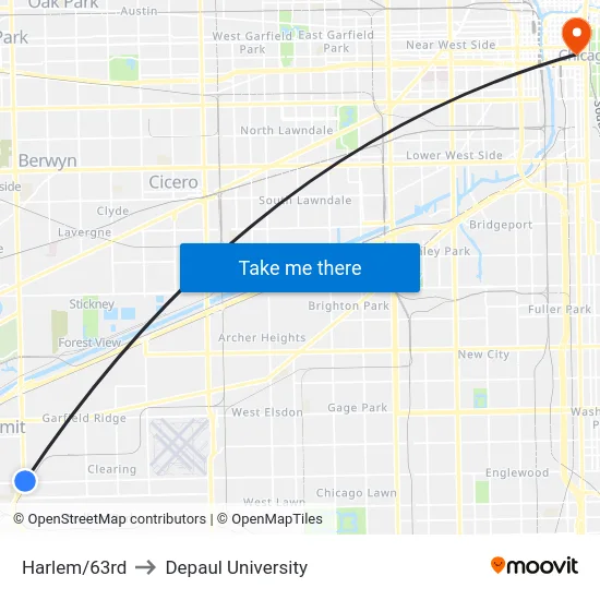 Harlem/63rd to Depaul University map
