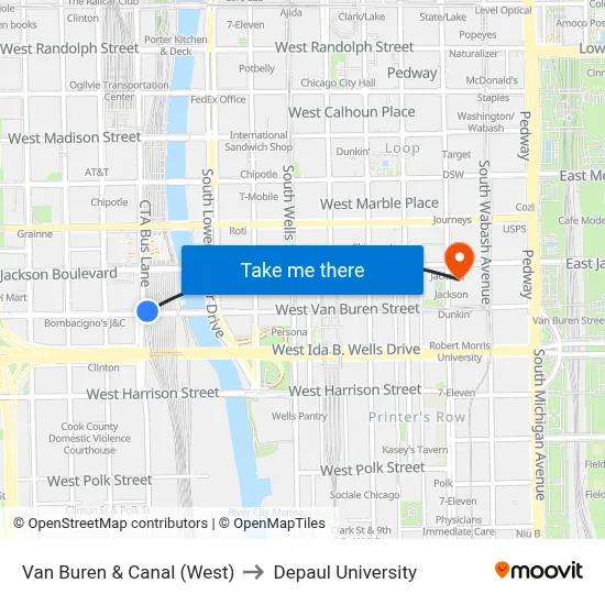 Van Buren & Canal (West) to Depaul University map