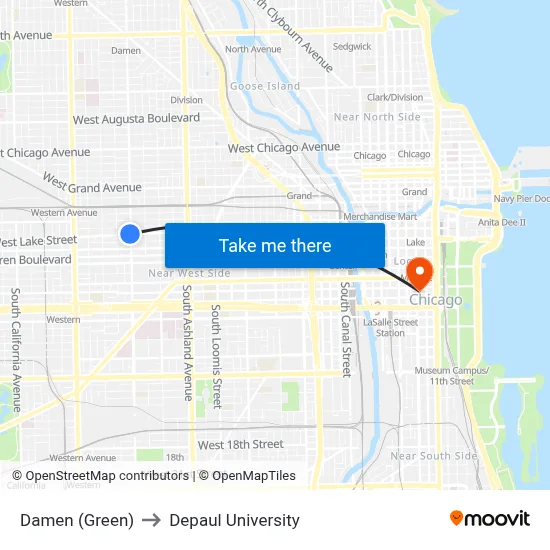 Damen (Green) to Depaul University map