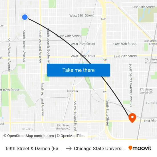 69th Street & Damen (East) to Chicago State University map
