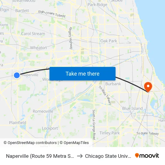 Naperville (Route 59 Metra Station) to Chicago State University map