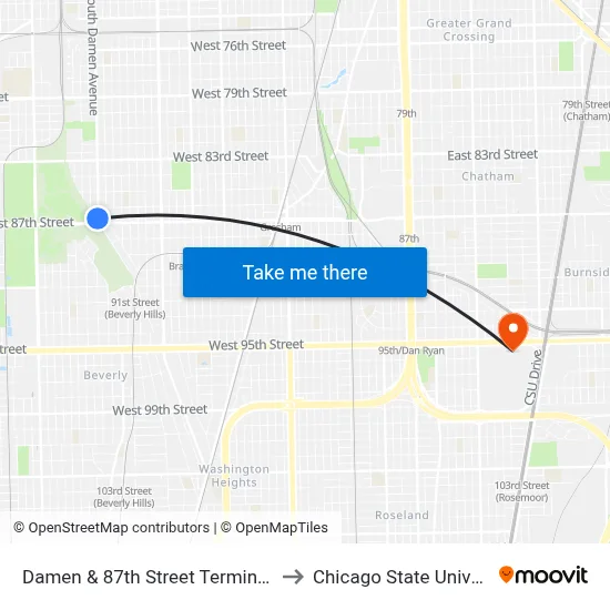 Damen & 87th Street Terminal (Se) to Chicago State University map