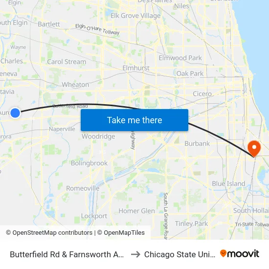 Butterfield Rd & Farnsworth Ave/Kirk Rd to Chicago State University map