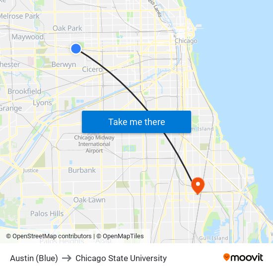 Austin (Blue) to Chicago State University map