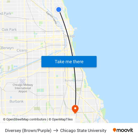Diversey (Brown/Purple) to Chicago State University map