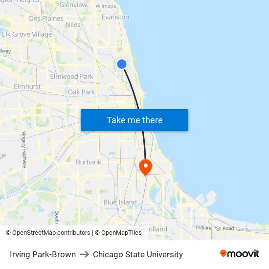 Irving Park-Brown to Chicago State University map