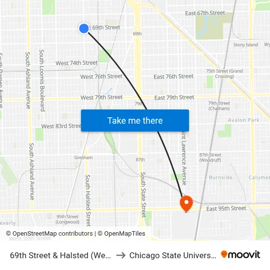 69th Street & Halsted (West) to Chicago State University map