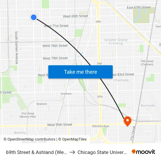 69th Street & Ashland (West) to Chicago State University map