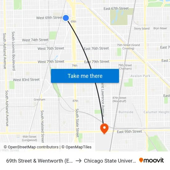 69th Street & Wentworth (East) to Chicago State University map