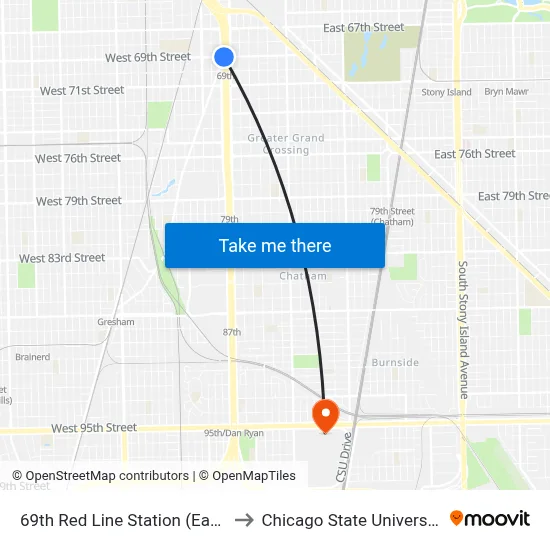 69th Red Line Station (East) to Chicago State University map