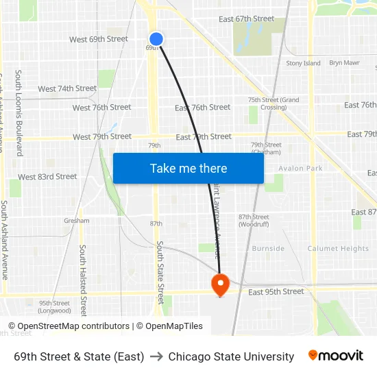 69th Street & State (East) to Chicago State University map